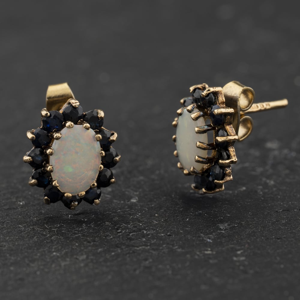 Second Hand 9ct Yellow Gold Sapphire & Opal Oval Cluster 11mm Stud Earrings 41174405