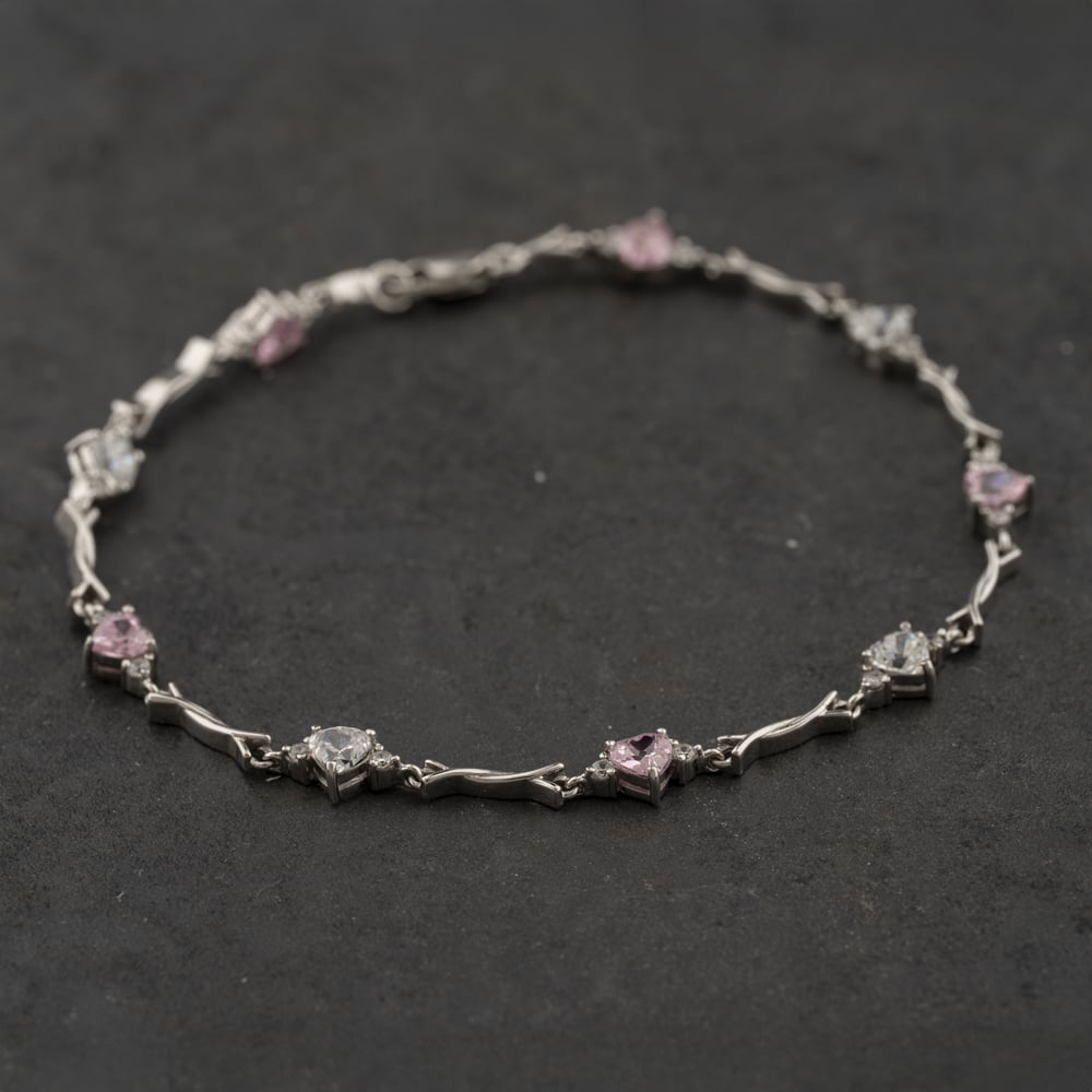 Second Hand 9ct White Gold White & Pink Cubic Zirconia Bar 7.5 Inch Bracelet 41281782