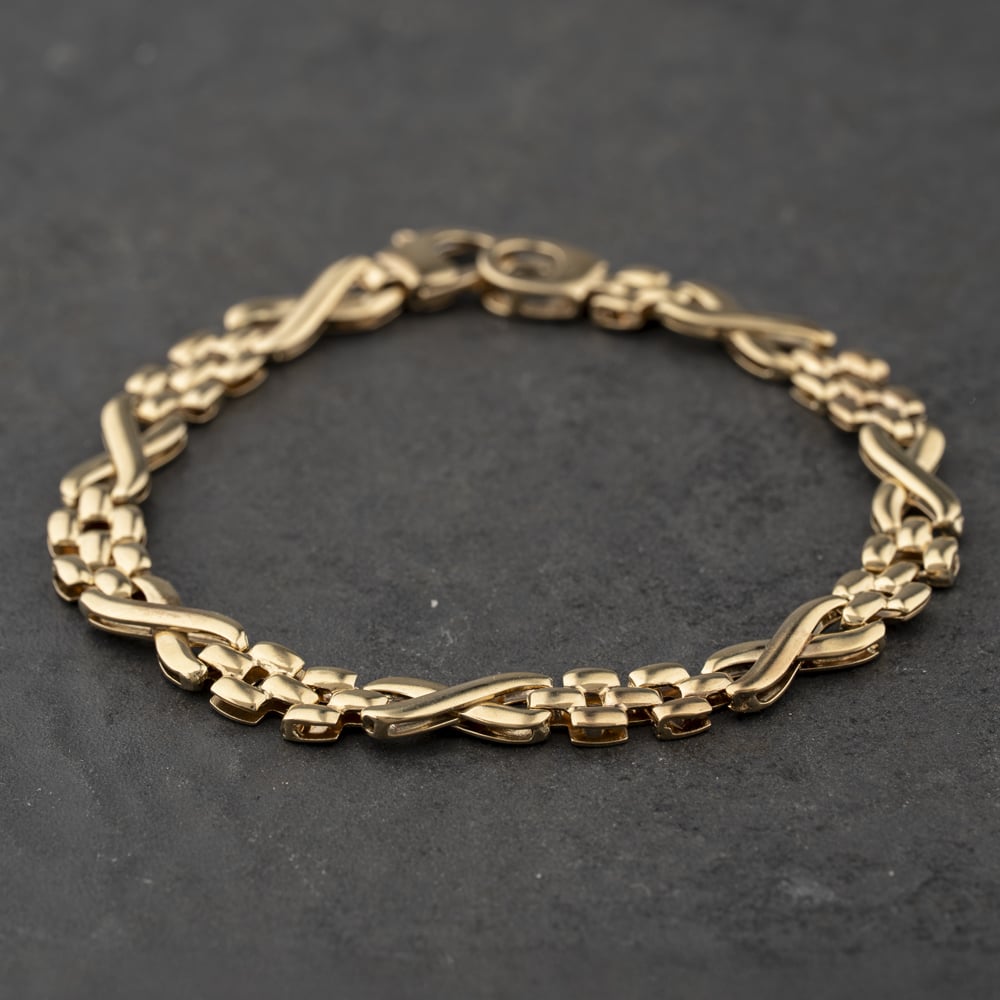 Second Hand 9ct Yellow Gold Kiss & Brick Patterned 7.5 Inch Fancy Chain Bracelet 41281903