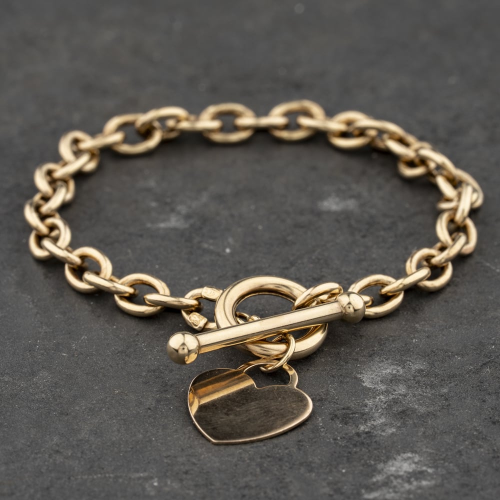 Second Hand 9ct Yellow Gold Heart & T Bar 7.5 Inch Belcher Chain Bracelet 41281923