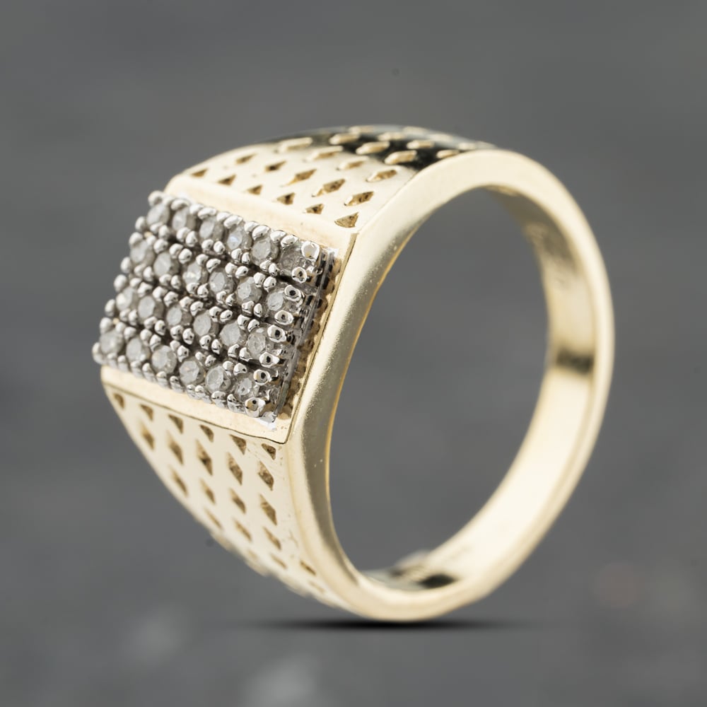 Second Hand 9ct Yellow Gold 0.30ct Diamond Oblong Grid Signet Ring 41342341