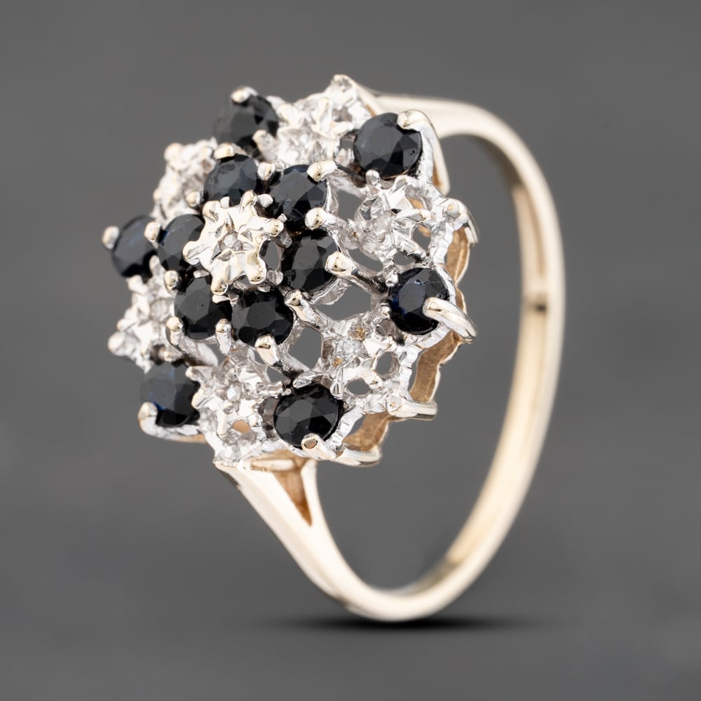 Second Hand 9ct Yellow Gold Sapphire & Diamond Cluster Ring 41382488