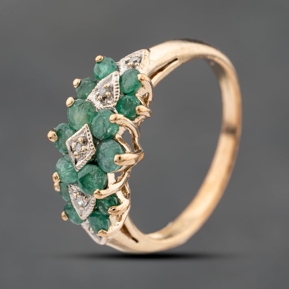 Second Hand 9ct Yellow Gold Emerald & Diamond Triple Cluster Ring 41383145