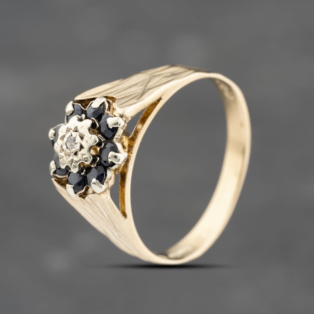 Second Hand 9ct Yellow Gold Sapphire & 0.10ct Brilliant Cut Diamond Cluster Ring 41383709