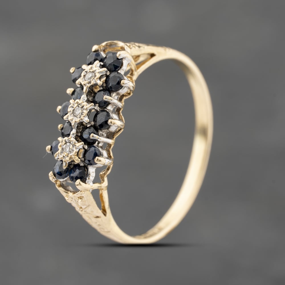 Second Hand 9ct Yellow Gold Sapphire & 0.03ct Brilliant Cut Diamond Triple Cluster Ring 41383710