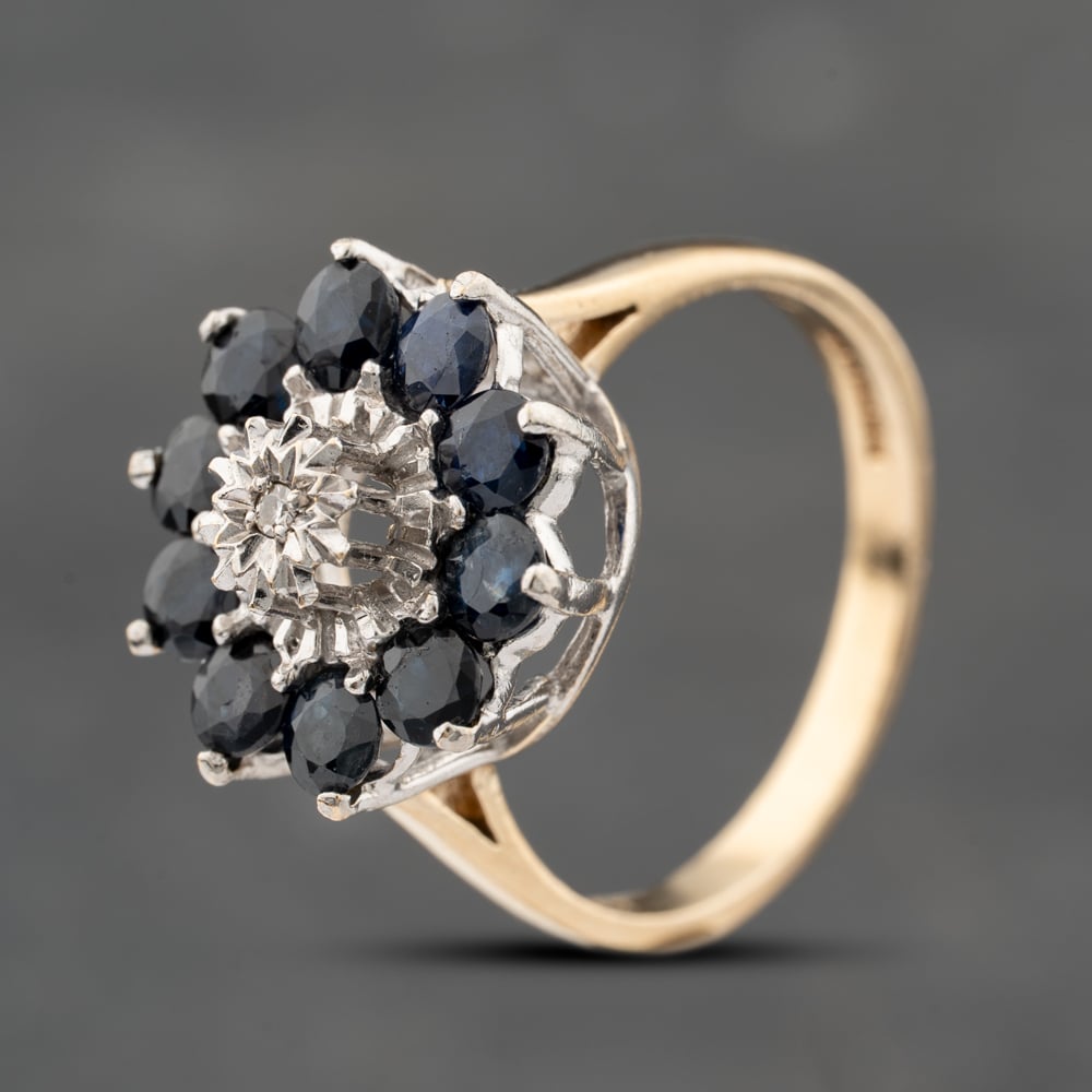 Second Hand 9ct Yellow Gold Sapphire & 0.10ct Brilliant Cut Diamond Flower Cluster Ring 41383764