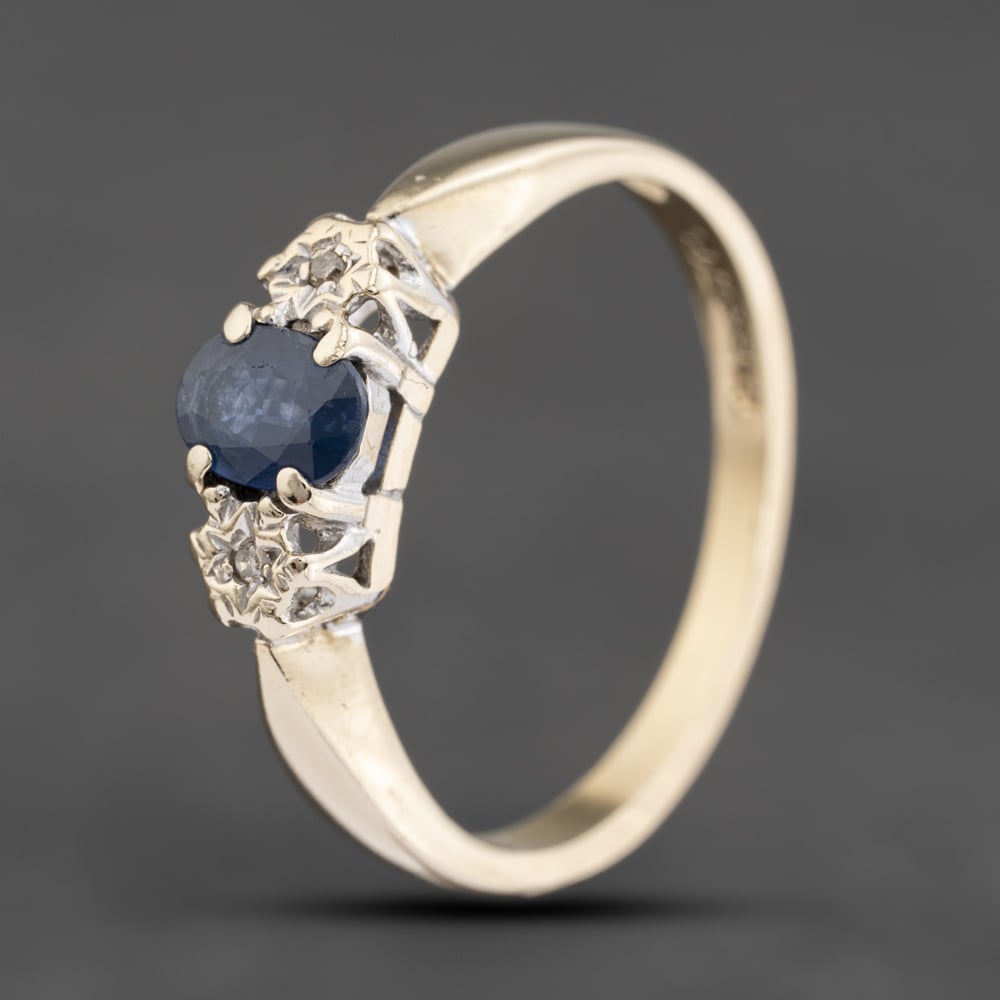 Second Hand 9ct Yellow Gold Sapphire & 0.02ct Diamond Three Stone Ring 41383780
