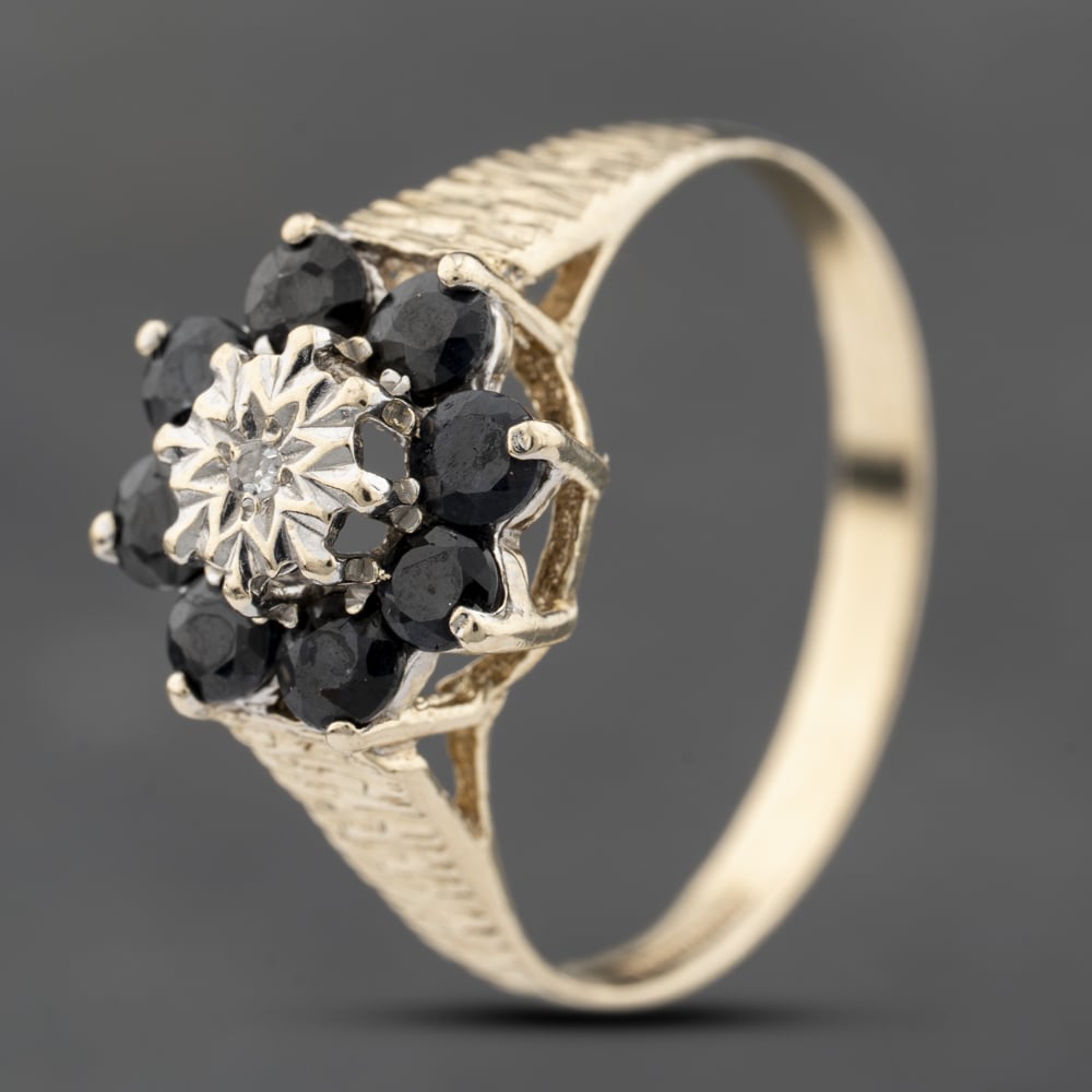 Second Hand 9ct Yellow Gold Sapphire & Diamond Flower Cluster Ring 41383803