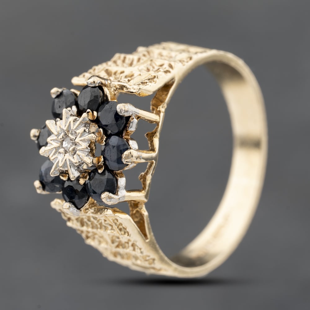 Second Hand 9ct Yellow Gold Sapphire & Diamond Flower Cluster Ring 41383805