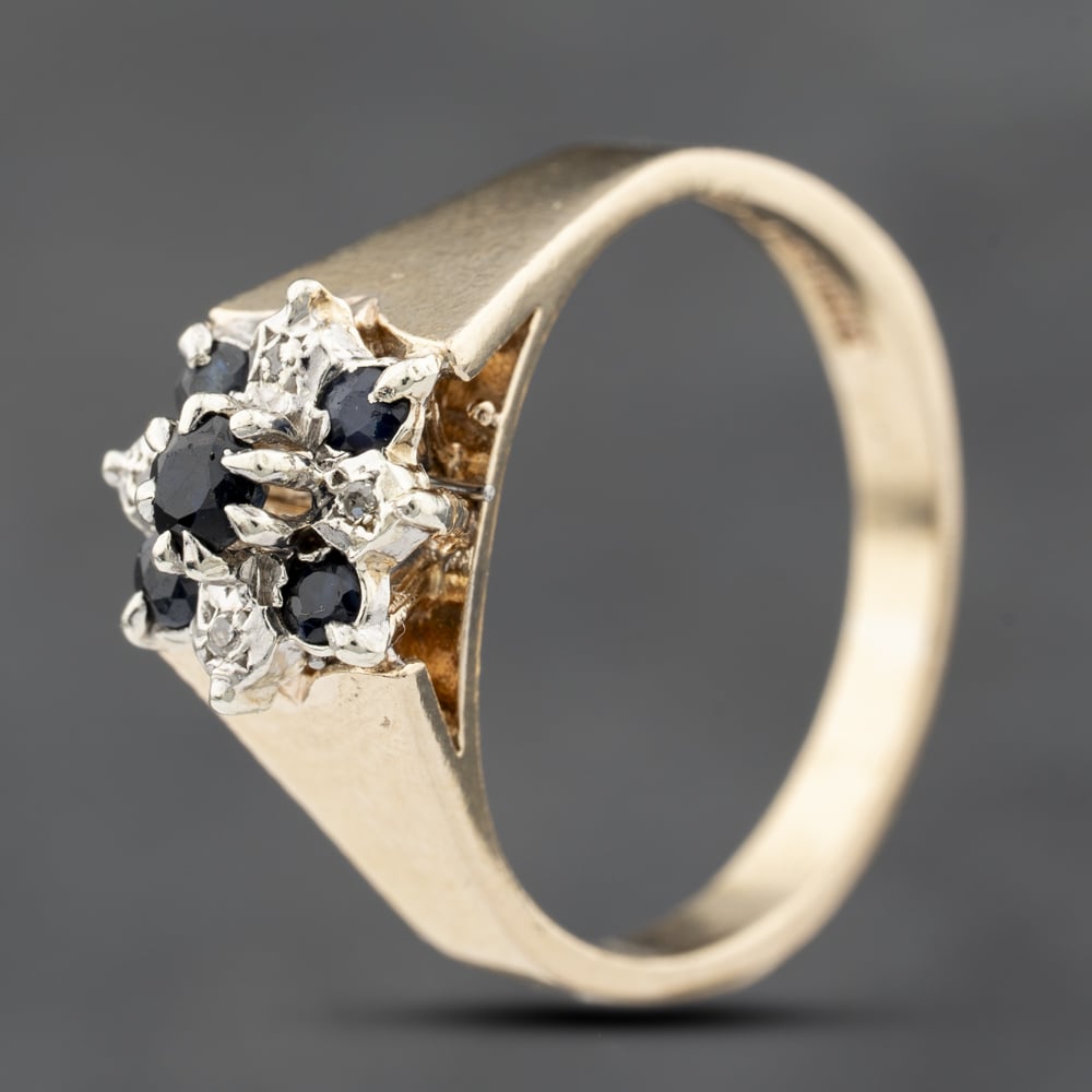Second Hand Vintage 9ct Yellow Gold Sapphire & Diamond Flower Cluster Ring 41383812