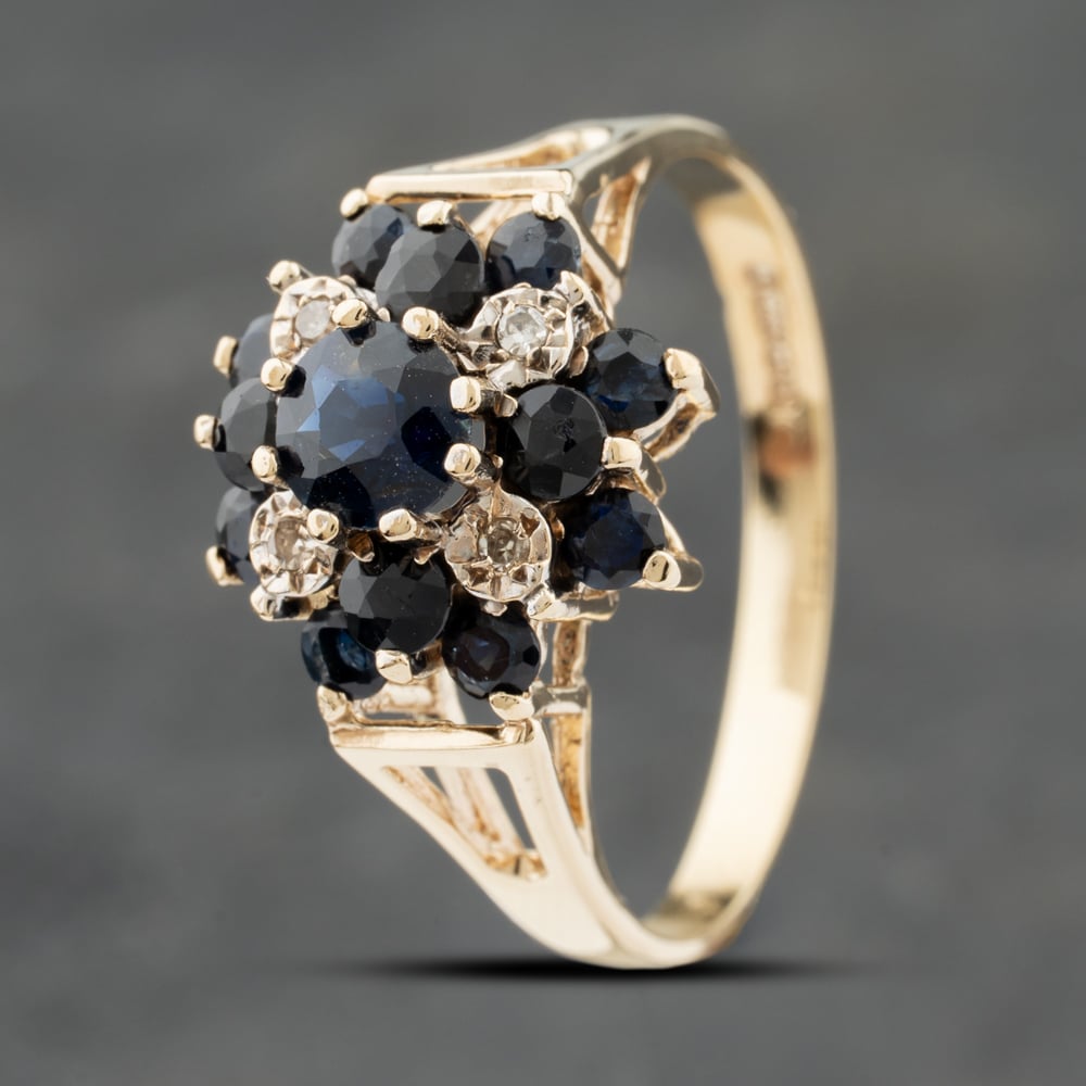 Second Hand 9ct Yellow Gold Sapphire & Diamond Cluster Ring 41384030