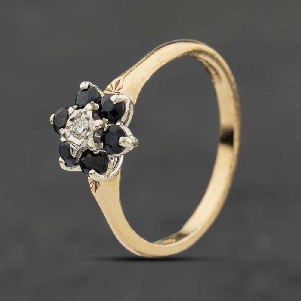 Second Hand 9ct Yellow Gold Sapphire & Diamond Flower Cluster Ring 41384032