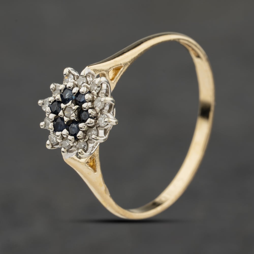 Second Hand 9ct Yellow Gold Sapphire & 0.13ct Diamond Flower Cluster Ring 41384037
