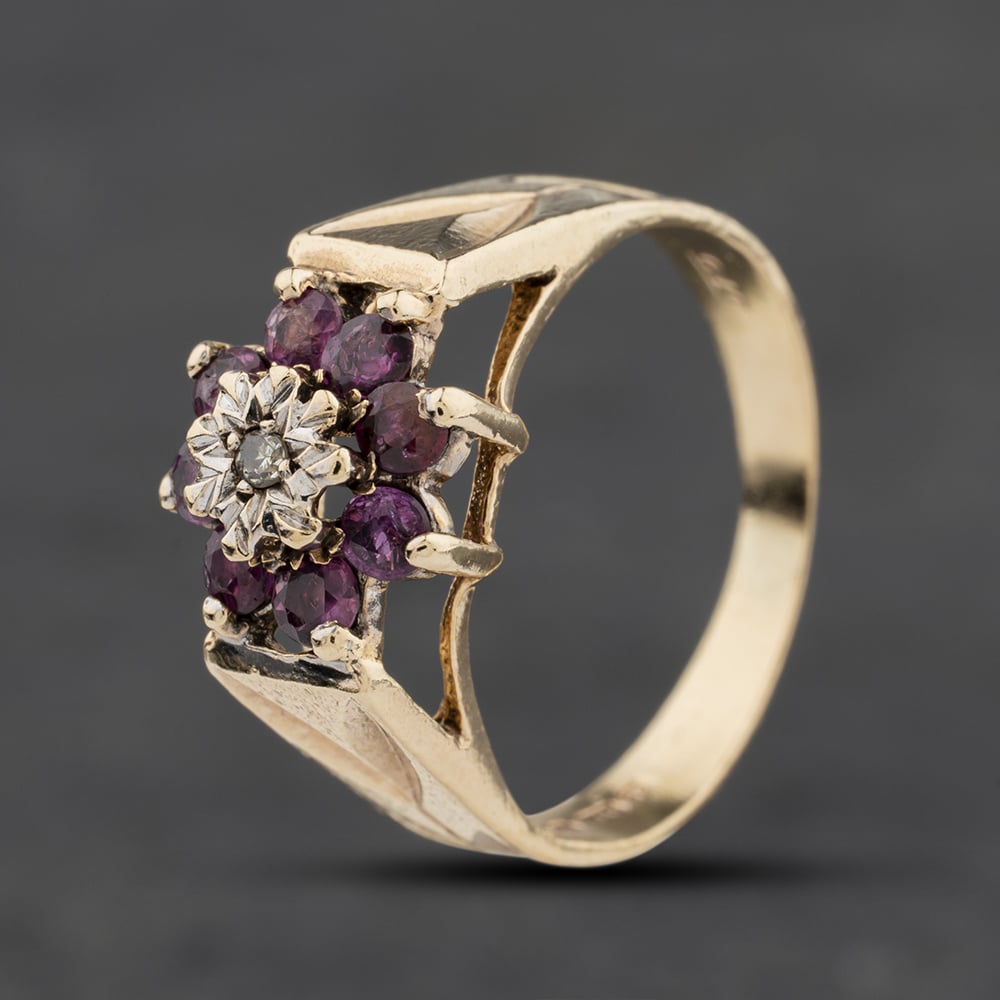 Second Hand 9ct Yellow Gold Pink Sapphire & Diamond Flower Cluster Ring 41384059