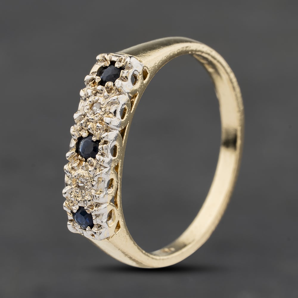 Second Hand 9ct Yellow Gold Sapphire & 0.01ct Diamond Half Eternity Ring 41384061