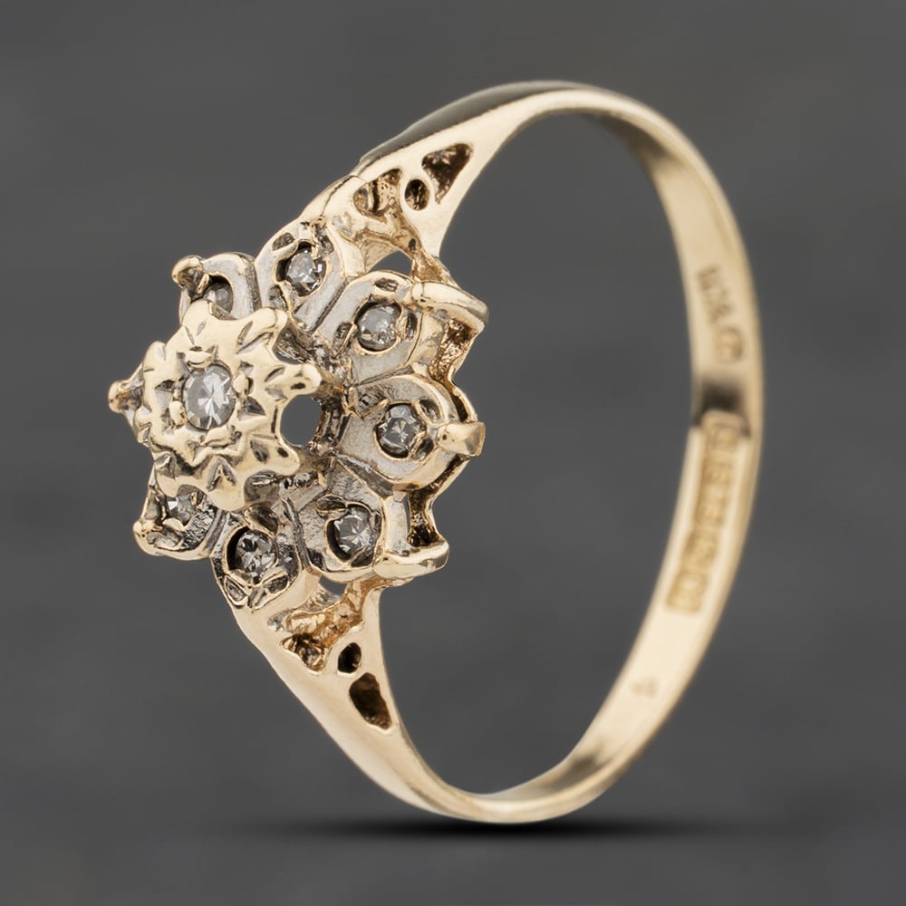 Second Hand 9ct Yellow Gold 0.06ct Diamond Flower Cluster Ring 41384065
