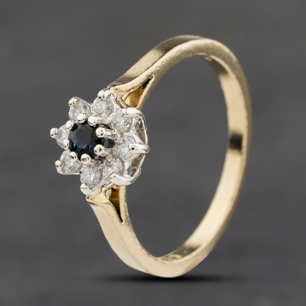 Second Hand 9ct Yellow Gold Sapphire & 0.16ct Brilliant Cut Diamond Flower Cluster Ring 41384071