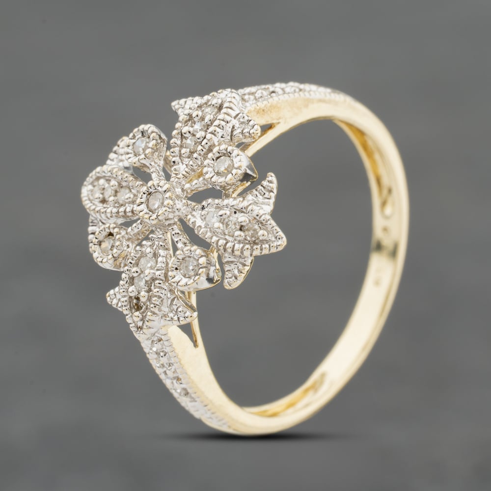 Second Hand 9ct Two Colour Gold 0.15ct Diamond Floral Cluster Ring 41384106