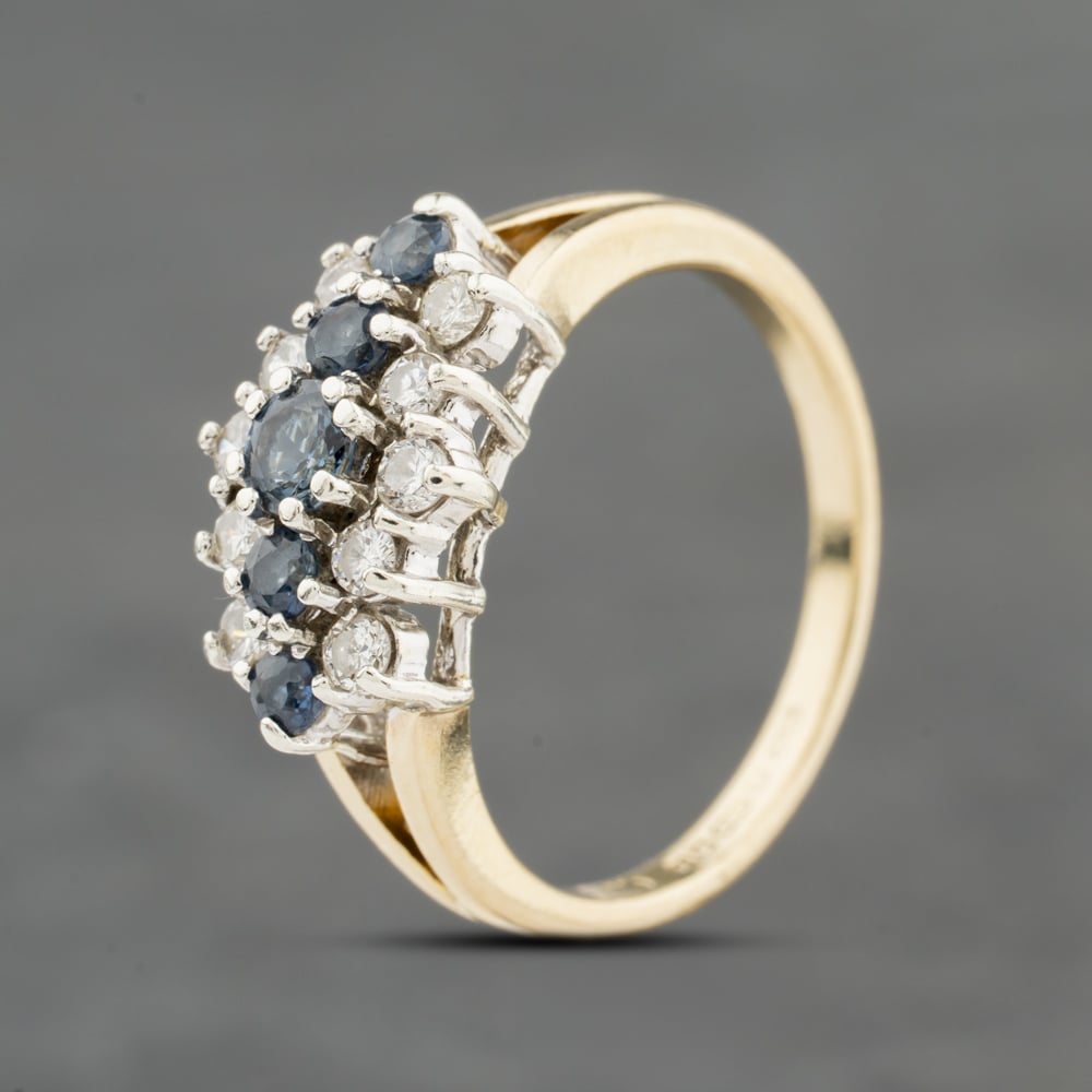 Second Hand 9ct Yellow Gold Sapphire & 0.15ct Brilliant Cut Diamond Boat Shaped Cluster Ring 41384115