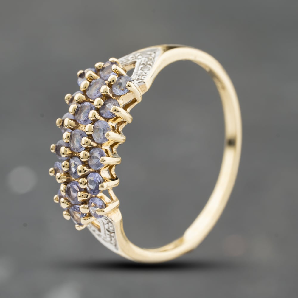 Second Hand 9ct Yellow Gold Tanzanite & 0.03ct Brilliant Cut Diamond Three Row Ring 41384163