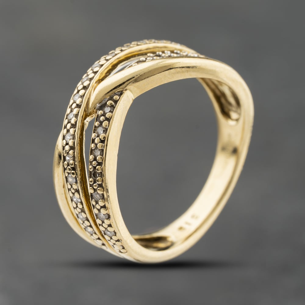 Second Hand 9ct Yellow Gold 0.12ct Diamond Crossover Three Row Ring 41384186