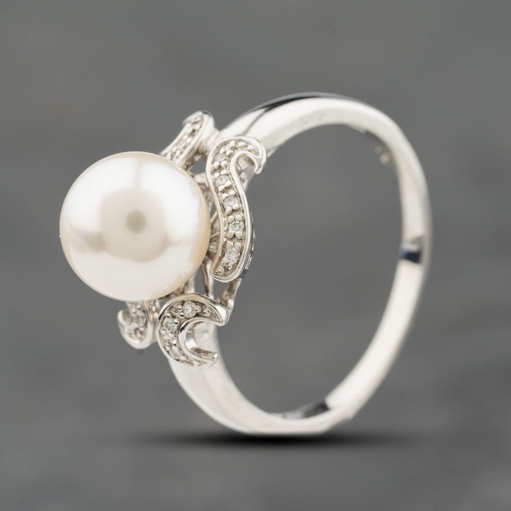Second Hand 14ct White Gold Cultured Pearl & Diamond Swirl Design Dress Ring 41384224