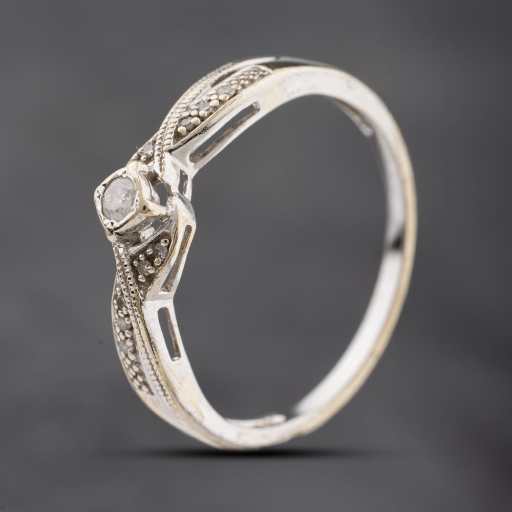 Second Hand 9ct White Gold 0.10ct Diamond Crossover Shoulders Shoulder Set Solitaire Ring 41384254
