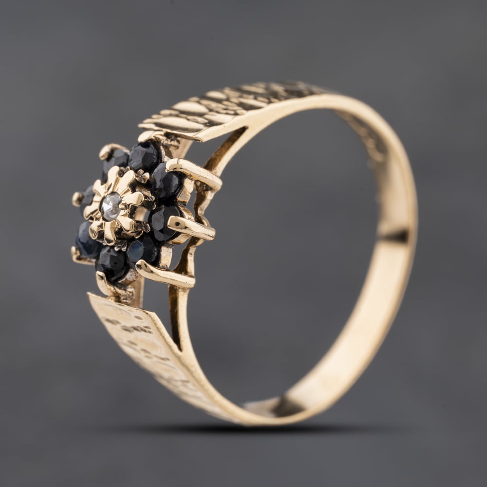 Second Hand 9ct Yellow Gold Sapphire & Diamond Flower Cluster Ring 41384279