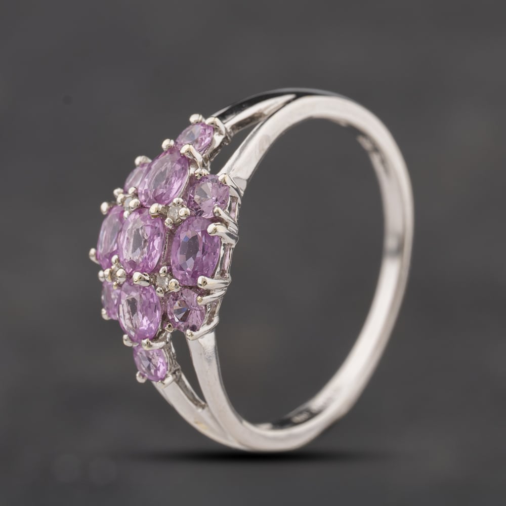Second Hand 9ct White Gold Pink Sapphire & 0.02ct Diamond Cushion Cluster Ring 41384338