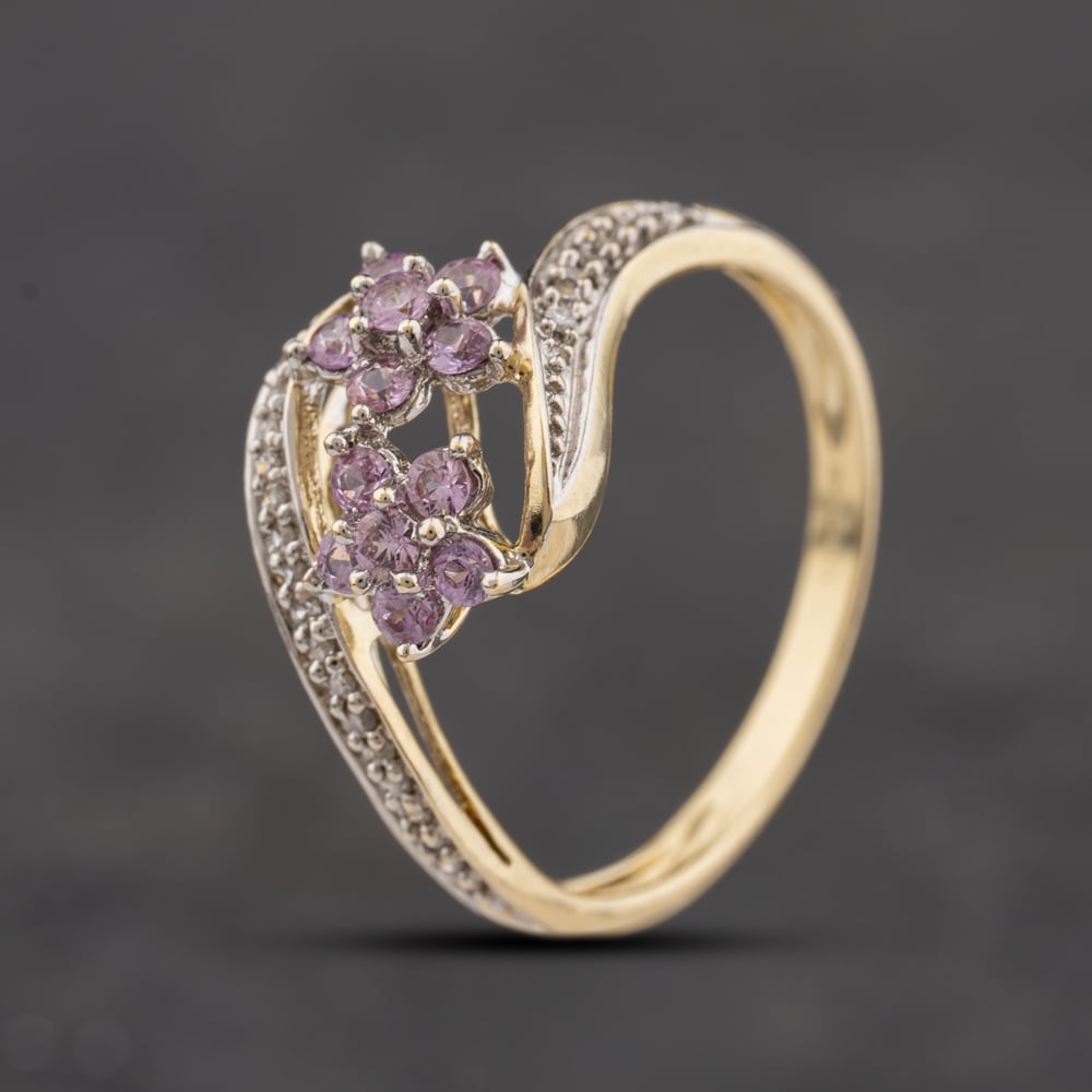 Second Hand 9ct Yellow Gold Pink Sapphire & 0.13ct Diamond Double Flower Cluster Ring 41384342