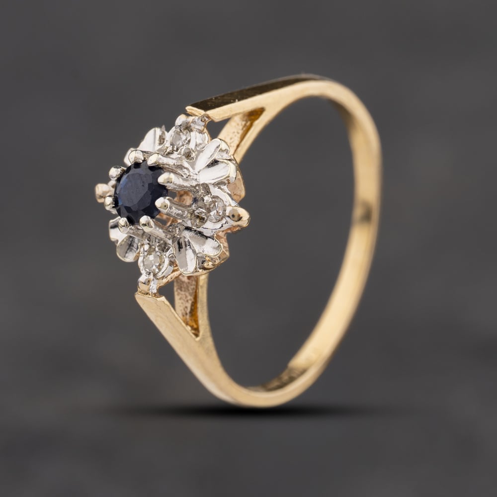 Second Hand 9ct Yellow Gold Sapphire & Diamond Flower Cluster Ring 41384348