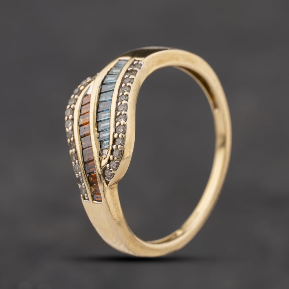 Second Hand 9ct Yellow Gold Colour Treated Diamond & 0.34ct White Diamond Four Row Dress Ring 41384354