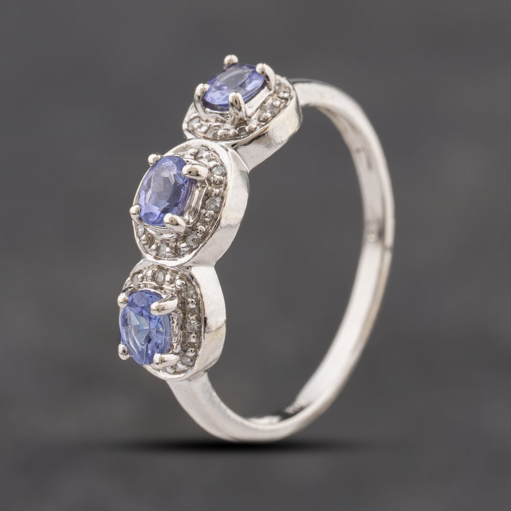 Second Hand 9ct White Gold Tanzanite & 0.10ct Diamond Triple Cluster Ring 41384355