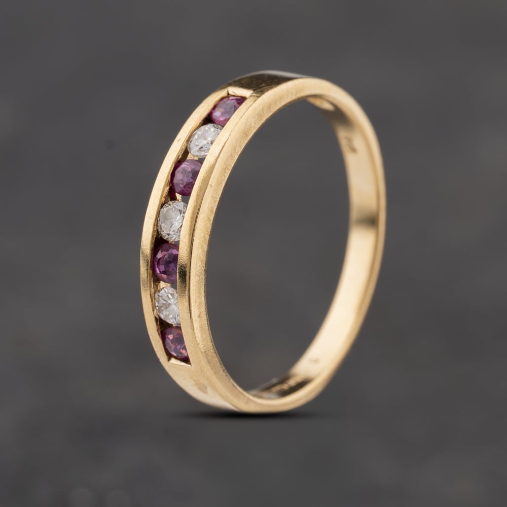 Second Hand 9ct Yellow Gold Ruby & Diamond Channel Set Half Eternity Ring 41384384