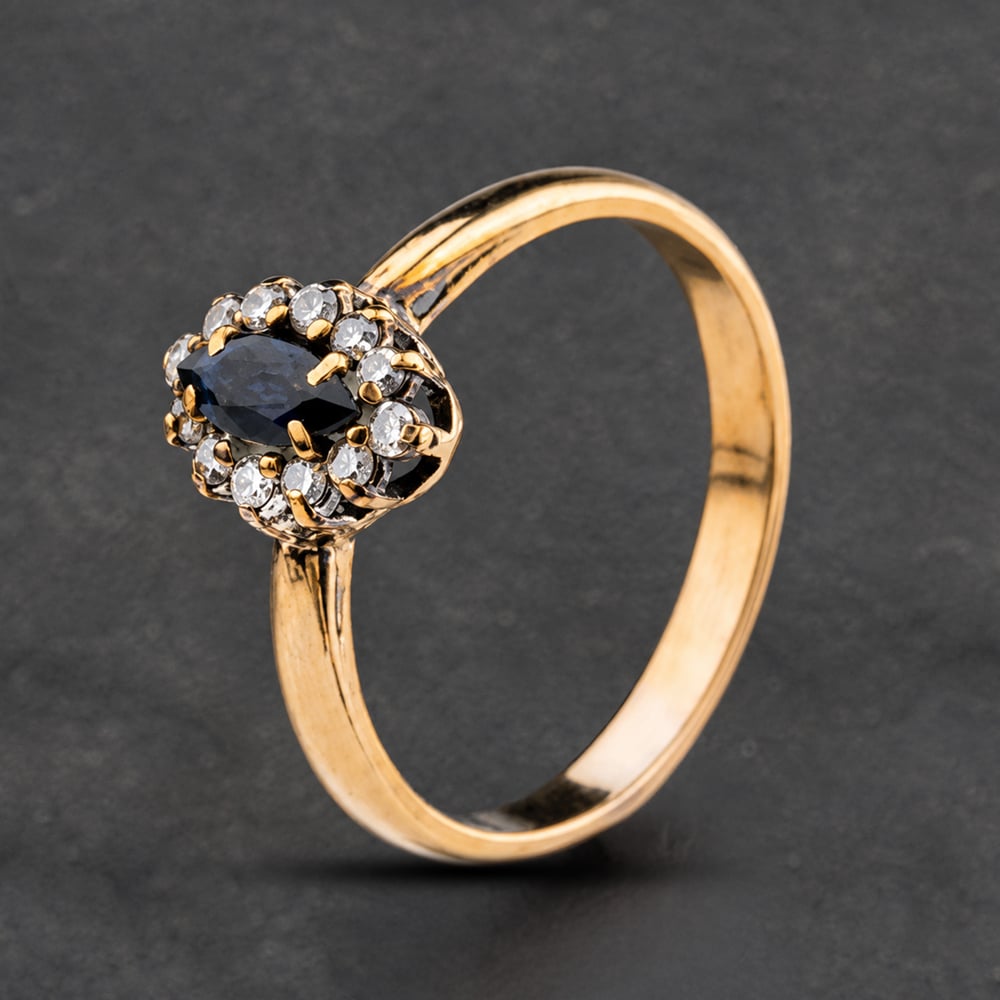 Second Hand Yellow Gold Sapphire & 0.12ct Diamond Marquise Shape Cluster Ring 41384387