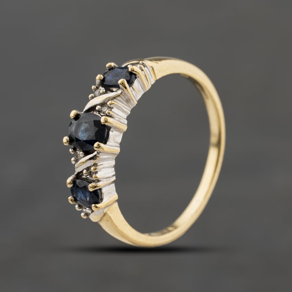 Second Hand 9ct Yellow Gold Blue Topaz & 0.06ct Diamond Half Eternity Ring 41384394