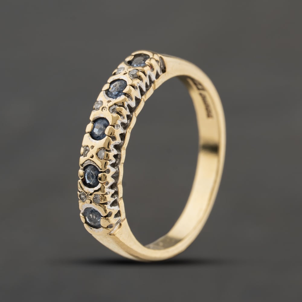 Second Hand 9ct Yellow Gold Blue Topaz & 0.08ct Diamond Half Eternity Ring 41384399