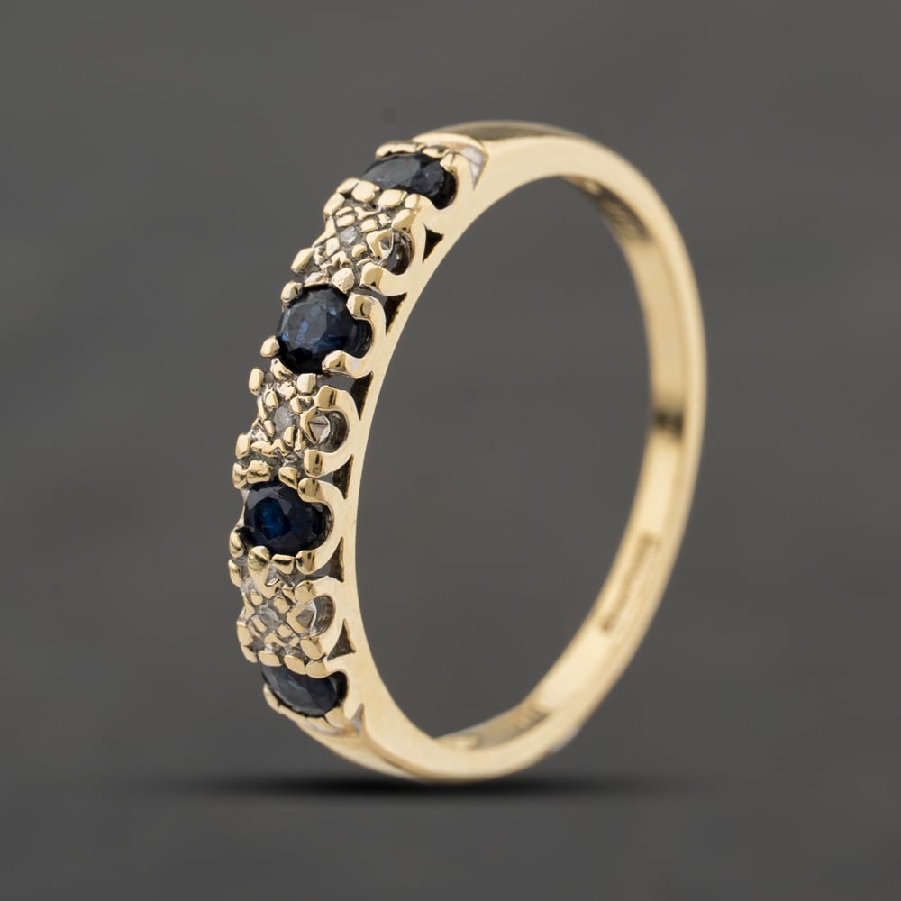 Second Hand 9ct Yellow Gold Blue Topaz & 0.03ct Diamond Half Eternity Ring 41384400