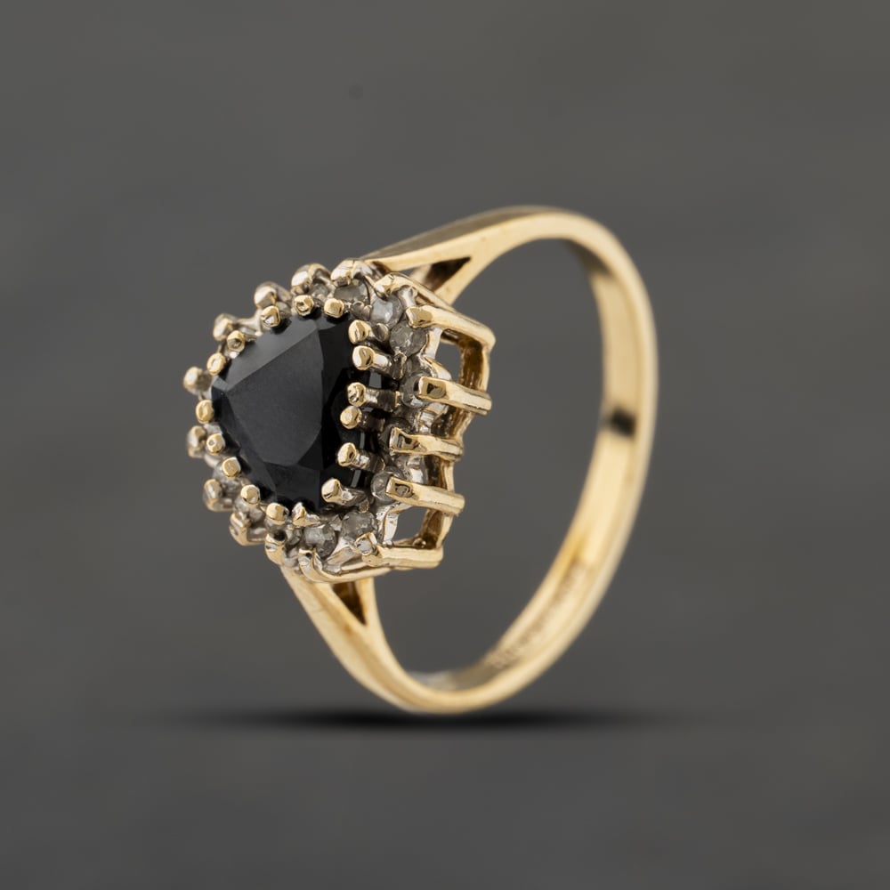 Second Hand 9ct Yellow Gold Sapphire & 0.08ct Diamond Heart Cluster Ring 41384402