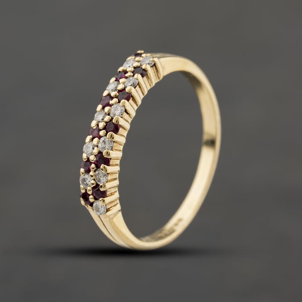 Second Hand 9ct Yellow Gold Ruby & 0.10ct Brilliant Cut Diamond Two Row Half Eternity Ring 41384410