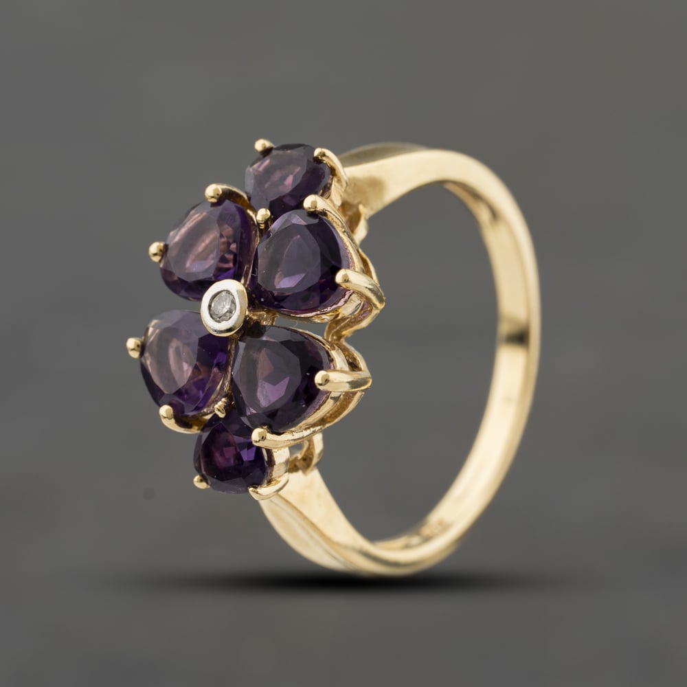 Second Hand 9ct Yellow Gold Amethyst & 0.01ct Diamond Flower Cluster Ring 41384419