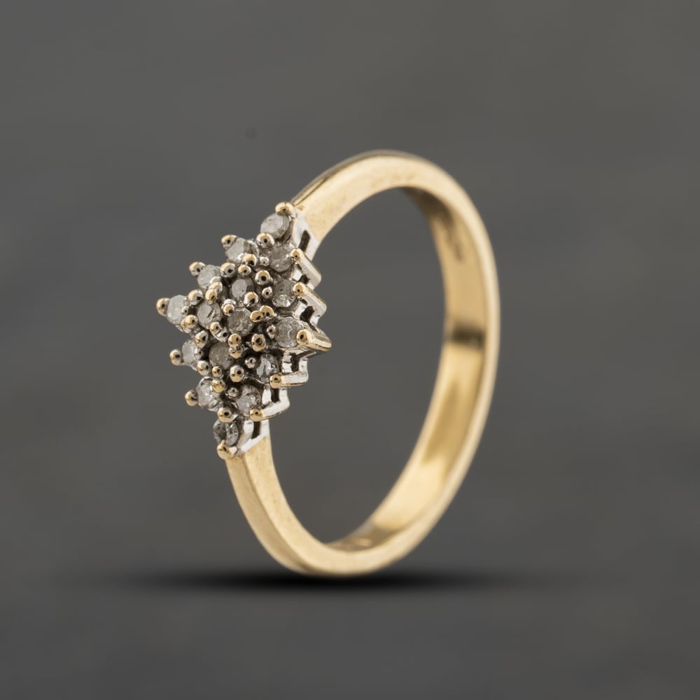 Second Hand 9ct Yellow Gold 0.15ct Diamond Boat Shaped Cluster Ring 41384474