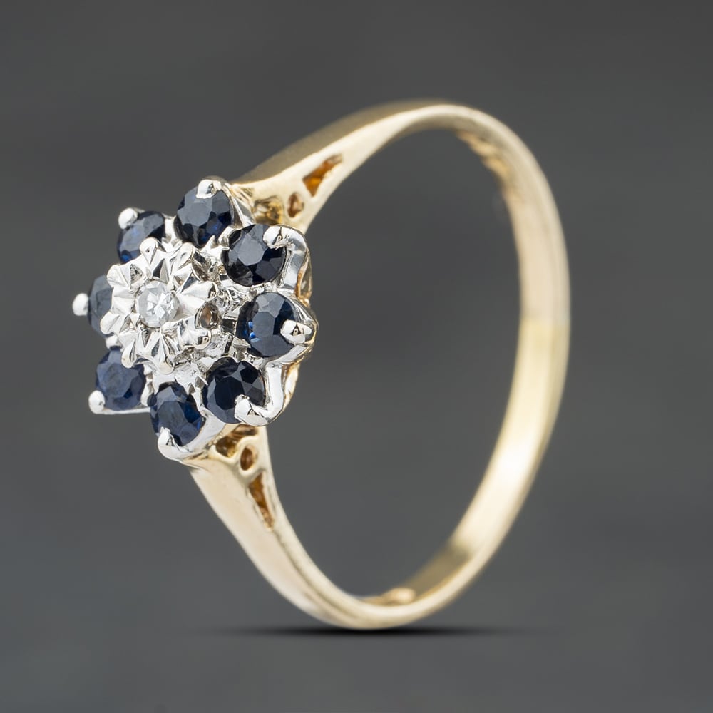 Second Hand 9ct Yellow Gold Sapphire & 0.02ct Diamond Cluster Ring 41384527