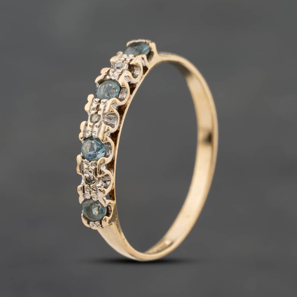 Second Hand 9ct Yellow Gold Blue Topaz & 0.02ct Diamond Half Eternity Ring 41384899