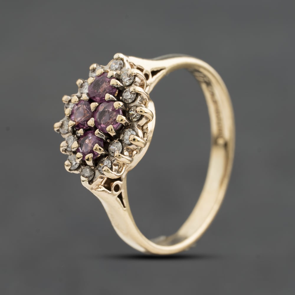 Second Hand 9ct Yellow Gold Ruby & 0.15ct Brilliant Cut Diamond Boat Shaped Cluster Ring 41384976