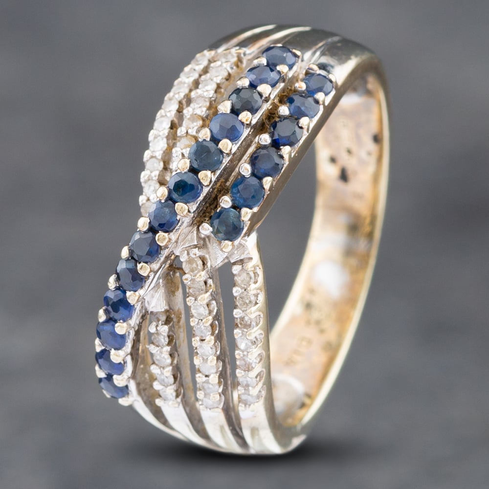 Second Hand 9ct Yellow Gold Sapphire & Brilliant Cut Diamond Crossover Ring 41481641