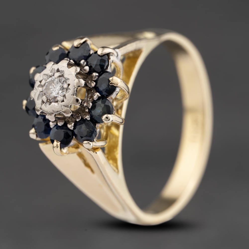 Second Hand 18ct Yellow Gold Sapphire & 0.10ct Diamond Cluster Ring 41482066