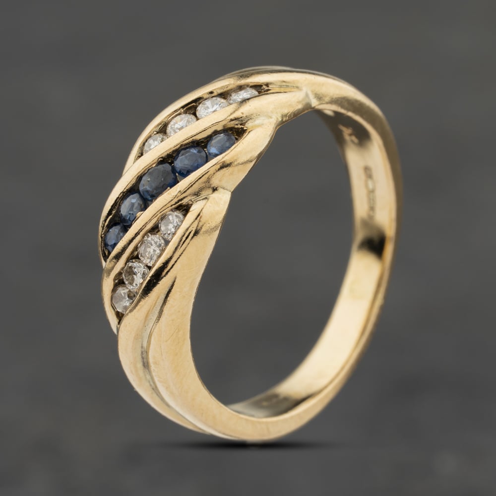 Second Hand 9ct Yellow Gold Sapphire & 0.18ct Diamond Twist Three Row Ring 41482540