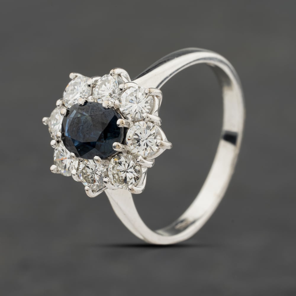 Second Hand 18ct White Gold Sapphire & 1.25ct Diamond Flower Cluster Ring 41482556