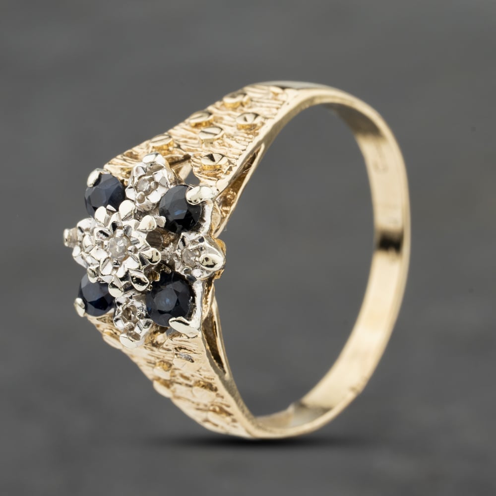 Second Hand 9ct Yellow Gold Sapphire & 0.03ct Diamond Cluster Ring 41482560